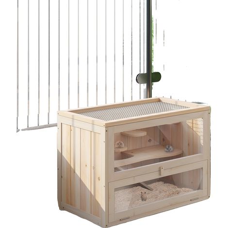 Gabbia per criceti, struttura in legno a più livelli, piattaforme per arrampicarsi, colore giornale. (1/5)