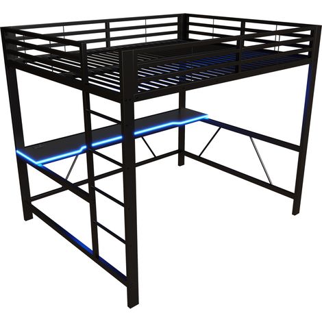 Cama alta de metal 160x200 con escritorio, LED y USB, negro - MODENUIT (1/5)