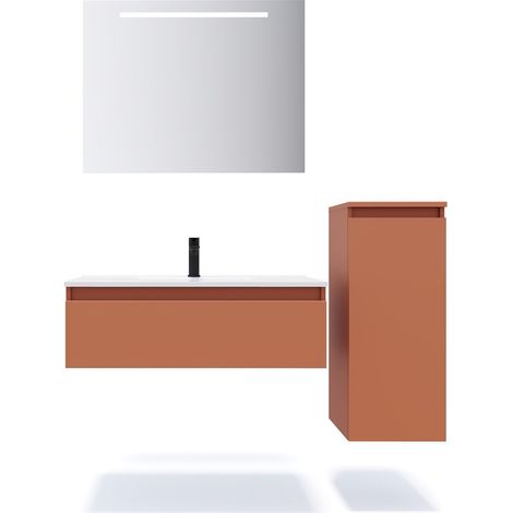 Meuble de salle de bain suspendu vasque intégrée 90cm 1 tiroir Terracotta + miroir + colonne ouverture droite - Hudson (1/5)
