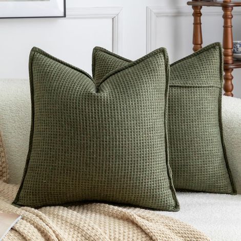 Lot de 2 Housses de Coussin Décoratives 45 x 45 cm – Vert Mélange de Lin Doux Housses Uni Texturées pour Canapé Salon (1/5)