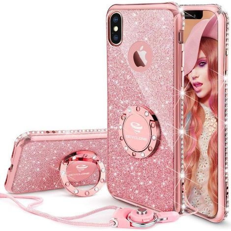 Custodia per telefono con anello di supporto, anello magnetico girevole a 360 gradi, adatta a dispositivi da 5,8 pollici, cuscinetto d'aria antiurto con glitter olografici. (1/2)
