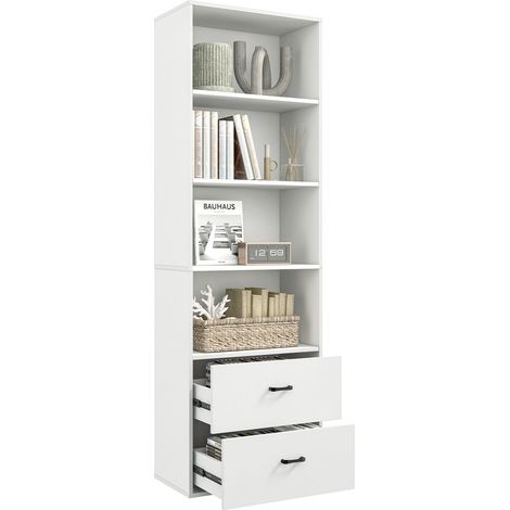COSTWAY 6-Tier Tall Bookshelf Wood Bookcase Organizer Display Storage Shelf W/ 2 Drawers (1/5)