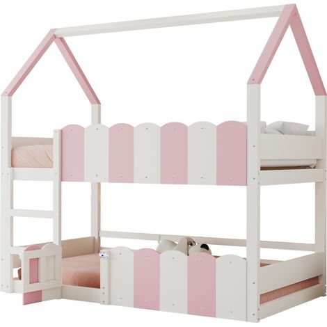 Lit superposé enfant 90 x 200 cm en bois, design maison avec échelle droite, barrières de sécurité renforcées et couchage modulable rose blanc  CHICFURN (1/5)