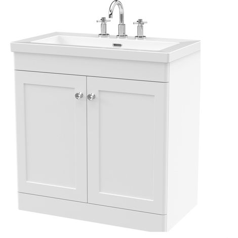 Swynnerton Traditional 2 Door Floor Standing Vanity Unit with Fireclay Basin, Satin White, 800mm