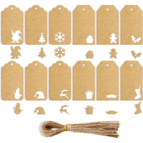 Etiquettes Cadeaux Noël - Papier Kraft Épais - Trou Prépercé - Corde Incluse - Pour Emballage Cadeaux Fait Maison - 144 Pièces (1/5)