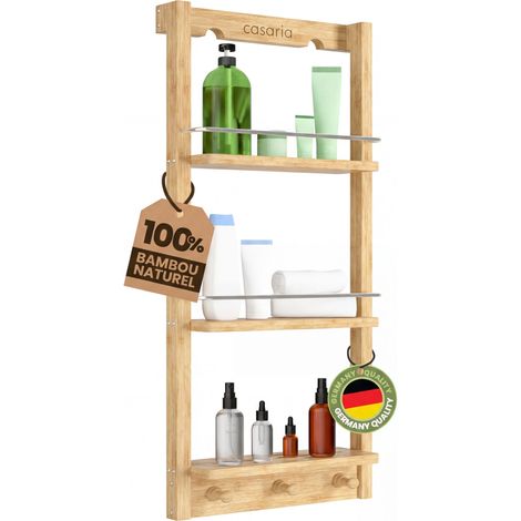 Casaria – Étagère de douche en bambou 3 niveaux – 3 crochets – Résistante à l'humidité – Dimensions 70x28,5x10 cm – Charge max 15 kg (1/6)