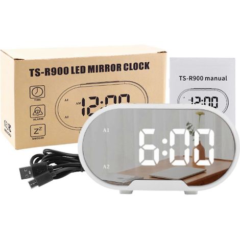 Réveil numérique moderne, compact et portable, en plastique, horloge de chevet, luminosité réglable, blanc. (1/5)