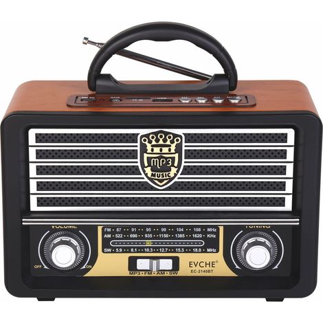 Radio portable rétro en bois: FM/AM/SW, Bluetooth, batterie 1200mAh rechargeable, lecture TF/USB (1/5)