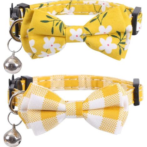 Lot de 2 Colliers pour Chat avec Joli nœud Papillon et Clochette à Carreaux pour Chaton sécurité réglable, Jaune (1/5)