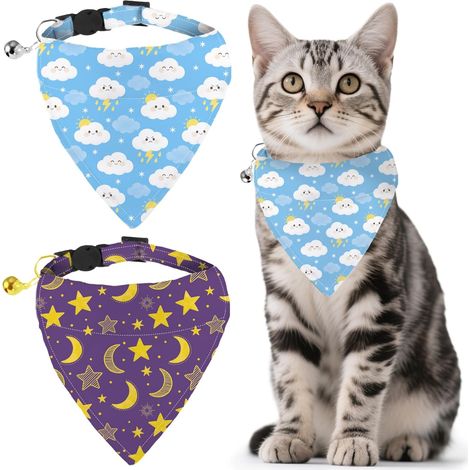 Lot de 2 Collier Bandana pour Animaux de Compagnie avec étoiles et Lune, Bandana Amovible et grelots, réglable, pour Chats et Chatons. (1/5)