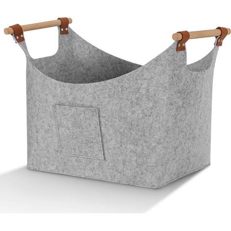 Jopassy Panier en feutre avec poignées en bois, panier à bois pour cheminée, panier à bûches 3 mm, gris clair (1/4)