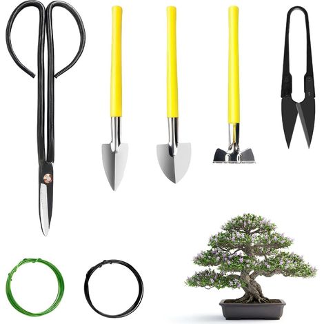 Kit Bonsai 7 Pièces Outils Bonsai avec Ciseaux pour Bonsaï, Mini Râteau et Pelles, Fil de Bonsaï 10m en Aluminium Anodisé (1/5)