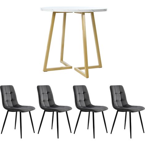 Set tavolo da pranzo rotondo 5 pezzi 80 cm MDF bianco con 4 sedie in velluto grigio scuro (1/5)