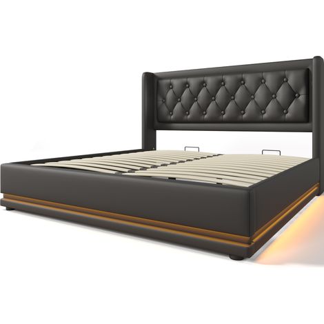 Cama doble 180x200 cm de PU negro con almacenaje, USB-C y LED en 3 lados HOMVRA (1/5)
