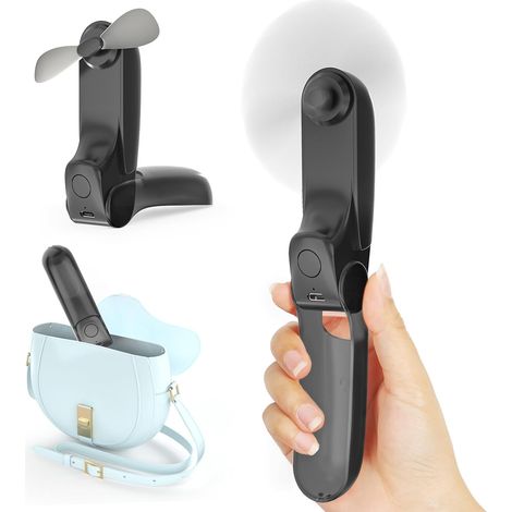 Mini ventilador de mano 3 en 1, portátil, con 2 velocidades y 8 horas de duración, recargable por USB con batería externa para viajes, oficina, exteriores y verano, color negro. (1/5)