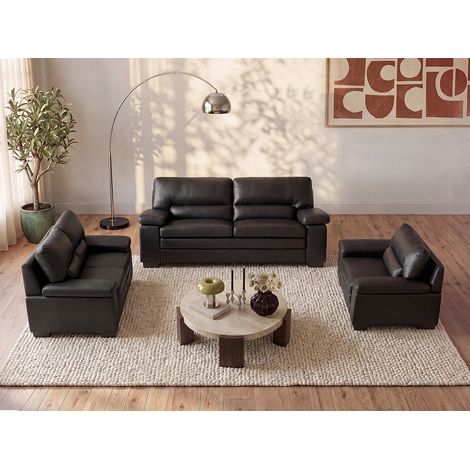 Vente-Unique – Canapé droit 3 places en cuir de buffle MIMAS – Noir – Confort d'assise équilibré – Charge maximale 360 kg – Dimensions 210x89x97 cm (1/5)