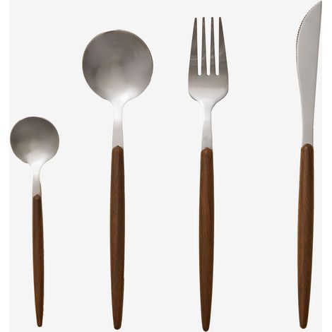 Sklum – Couverts en acier inoxydable effet bois – Set de 16 pièces – 4 couteaux, 4 fourchettes, 4 cuillères, 4 petites cuillères – Design élégant