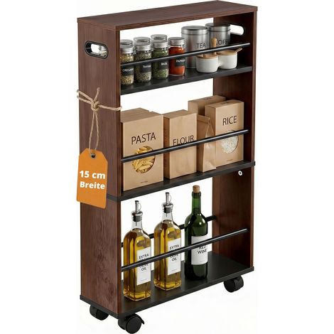 Relaxdays Nischenwagen, HBT: 80x15x45 cm, schmales Nischenregal Bad & Küche, 4 Ablagen, Rollregal Griffe, schwarz-braun