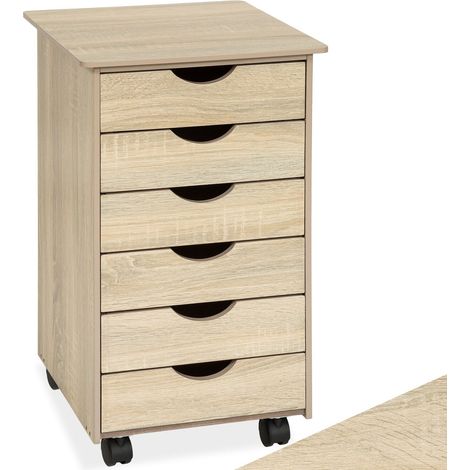 Caisson bureau à roulettes en panneau de fibres 6 tiroirs bois clair (1/5)