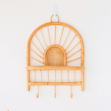 Étagère Murale en Rotin Suspendue avec Crochets Porte-Manteau ou Clés Boho Fait Main 41 x 53 cm - PANGIVO (1/5)