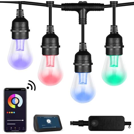 Guirnalda de luces RGB y blancas para exteriores, 15 m, 15 LED impermeables, control Wi-Fi mediante aplicación (blanco/RGB). (1/5)