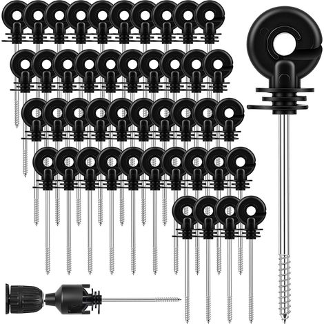 Lot de 50 isolateurs à visser de 150 mm pour clôture électrique – Isolateurs à anneau avec douille pour cordes, fils et torons (Noir) (1/5)