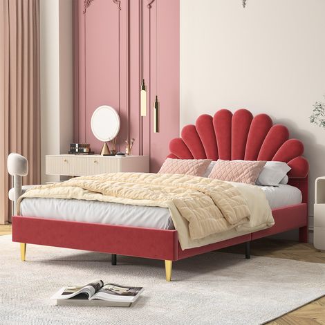 Lit Double Capitonné 140×200 cm ,Tête de Lit en Forme de Pétale,Sommier à Lattes Inclus ,Structure Bois Massif , Pour Ado et Fille ,Tissu Velours Bordeaux (1/5)