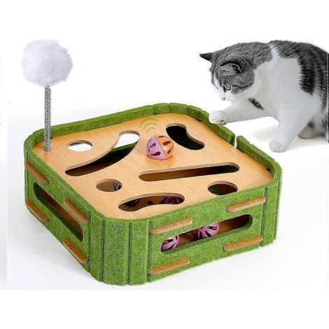 Interaktives Katzenspielzeug aus Holz, Intelligenzpuzzle mit Leckerli-Spender und Spiralfeder, ideal für Kätzchen und ausgewachsene Katzen. (1/5)