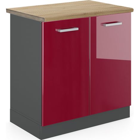 Meuble bas sous-évier R-Line, Rouge brillant, 80cm , PT Chêne, Vicco