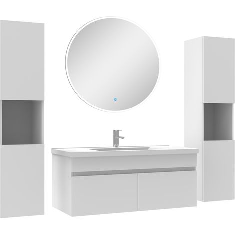 Ensemble meubles Salle de Bain simple vasque 100cm, colonnex2 et miroir rond Blanc