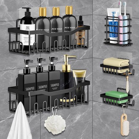 Estante de baño, Estante de baño sin taladrar, paquete de 5 Estante de ducha de acero inoxidable con ganchos y soporte para pasta de dientes, adecuado para baños, dormitorios, cocinas, color negro (1/5)