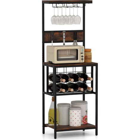 COSTWAY Freestanding Wine Rack Floor Wine Bar Cabinet w/ Glass Racks-Brown (1/5)