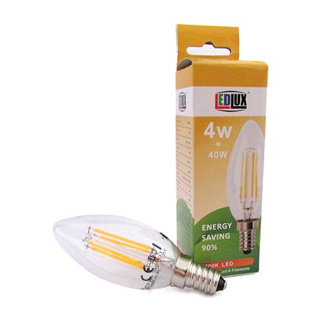 Lampada Filo Led a Filamento E14 C37 4W=40W 360 Gradi Bianco Caldo 2700K Candela A Goccia Oliva SKU-4301 (1/3)