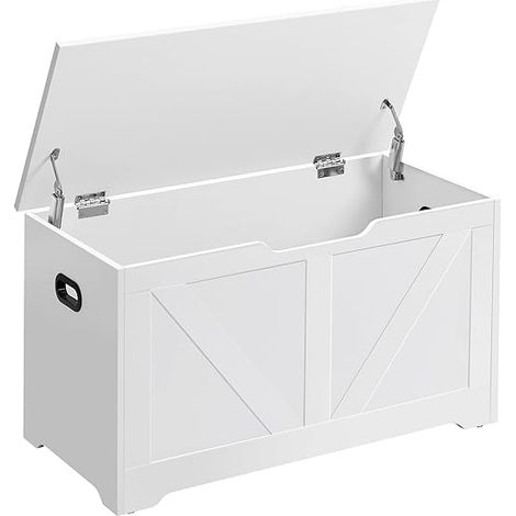 Vasagle – Banc de rangement 40 x 80 x 46 cm – Imitation grange – 2 charnières de sécurité – Capacité 136 kg – Meuble d'entrée blanc