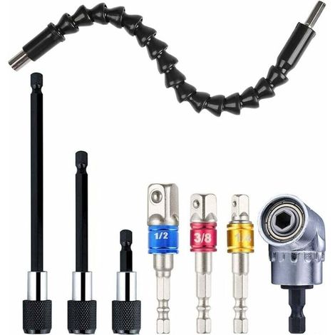 x flexible Bohrerverlängerung + 1 x rechtwinkliger Bohreradapter + 3 x Schlagschrauber-Bits + 3 x Schraubendreher-Bithalter FLITI