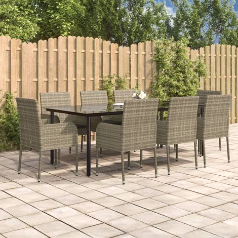 9-tlg. Garten-Essgruppe mit Kissen Schwarz und Grau Poly Rattan