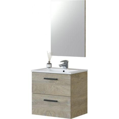 Meuble sous vasque de salle de bain Suspendu 60 cm avec 2 tiroirs + Miroir - Hauteur 57 x Longueur 60 x Profondeur 45 cm -PEGANE-