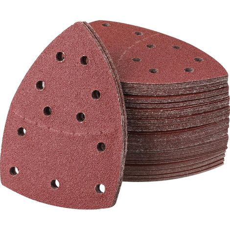 50 pièces Abrasif pour Ponceuse 152 x 105 mm Feuille abrasive triangulaire, 11 trous avec crochets et boucles Grain 40 80 120 180 220 400 à Abrasif pour Ponceuse électrique Bois Métal (1/5)