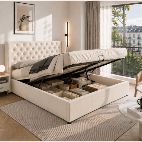 Lit double 140x190 cm velours beige, fonctionnel hydraulique, sommier lattes et rangement (1/5)