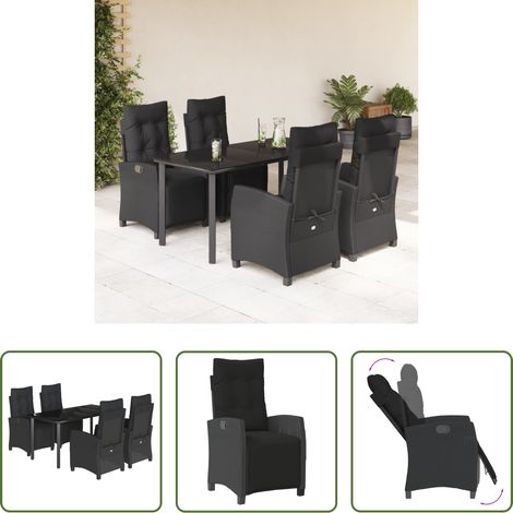 vidaXL Gartentisch - 5-tlg. Garten-Essgruppe mit Kissen Schwarz Poly Rattan (1/5)