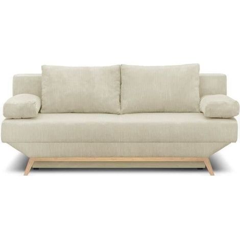 Canapé convertible 3 places en velours côtelé beige – Coffre de rangement – Dimensions L 190 x H 92 x P 84 cm – Confort ferme (1/5)