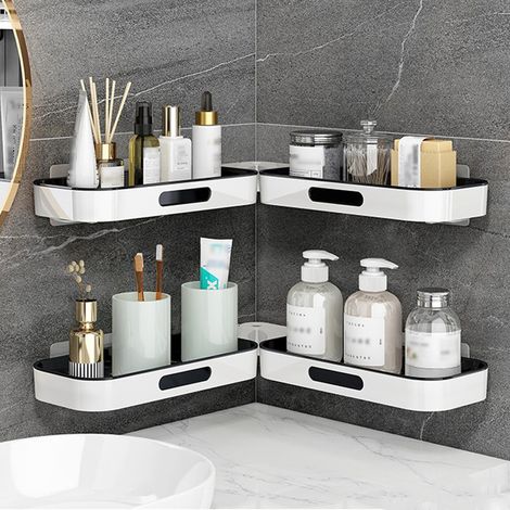 Lot de 2 étagères d’angle murales rotatives en plastique, fixation sans perçage, organiseur compact pour salle de bain, cosmétiques, maquillage et accessoires, solution gain de place (1/5)
