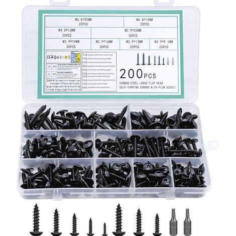 200 Pièces M4.8 M3.9 Vis à Autotaraudeuses, Visser à Torx, Vis a Bois à Tête Torx Autoperceuses à Tête Cylindrique, Visser à Tête Bombée Noires pour Réparation, avec 2 Embouts (1/5)