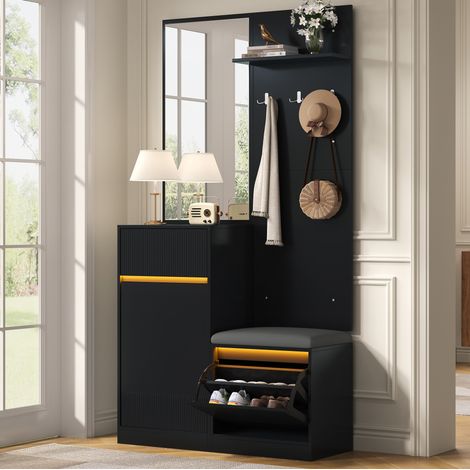 Mobile da ingresso 105x38x190 cm con scarpiera, specchio, panca, illuminazione a LED e vano contenitore, in MDF nero (1/5)