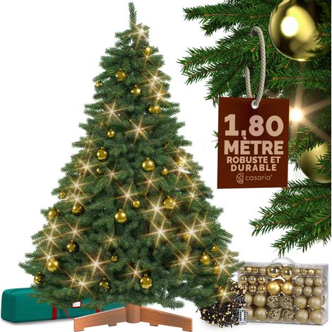 CASARIA® Sapin de Noël artificiel Premium 2 tailles pied en bois certifié FSC® lot boules de Noël guirlande lumineuse LED Sapin 180cm – 100 boules dorées – guirlande LED blanc-chaud 40 m (1/5)