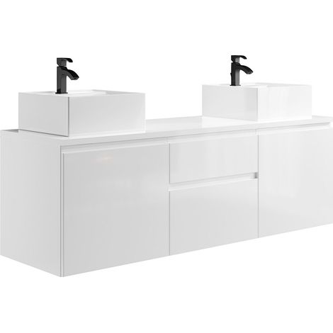 Vente-Unique – Meuble double vasque suspendu 150 cm – MDF blanc lisse brillant – 2 portes battantes – 2 tiroirs soft close – Vasques carrées en céramique