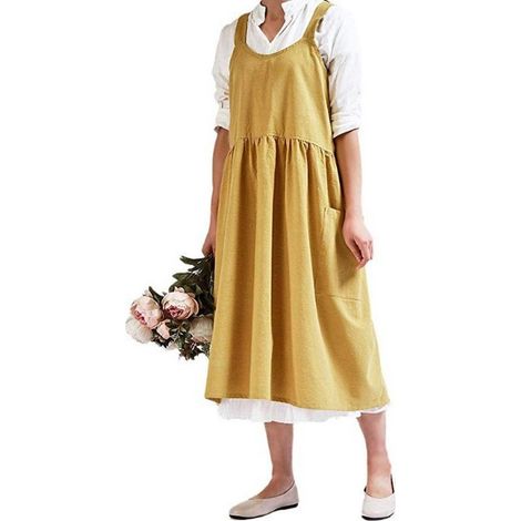 Gelbe Damenschürze aus Baumwoll-Leinen-Mischgewebe, verstellbarer Rückenverschluss, Taschen, ohne Gürtel, für Küche/Garten