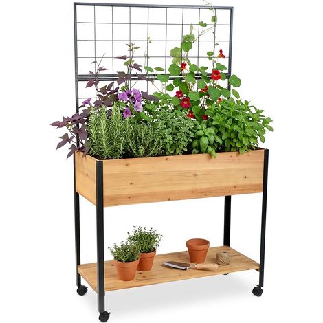 Relaxdays Hochbeet mit Rankgitter, Ablagefach, Rollen, HxBxT 165x102x47,5 cm, Holz, Stahl, Tischbeet, natur/schwarz
