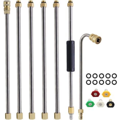 Lot de 7 Ensemble de baguette d'extension pour nettoyeur haute pression, lance pour nettoyeur haute pression, outil de nettoyage de gouttière, avec 5 embouts de buse (Argent)