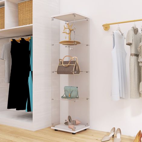 Vitrine aus gehärtetem Sicherheitsglas mit Tür und 4 Regalen, Holzrahmen, Vitrine für Büro, Wohnzimmer, Küche - Weiß